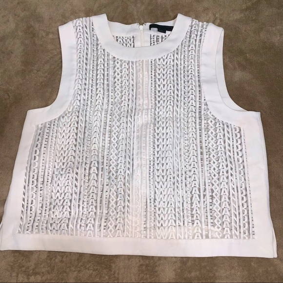 Alexander Wang White Sheer Name Logo Guipure Lace Embroidery Cropped Blouse - Picture 2 of 12